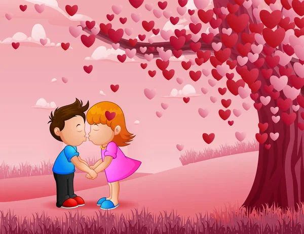 Desenhos Animados Ilustração Casal Beijando Sob Uma Árvore Coração —  Vetores de Stock