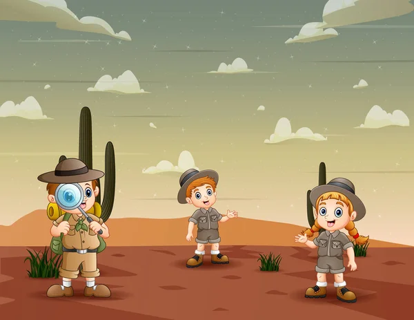 Κορίτσι Εξερευνητής Και Αγόρι Στην Απεικόνιση Της Ερήμου — Διανυσματικό Αρχείο