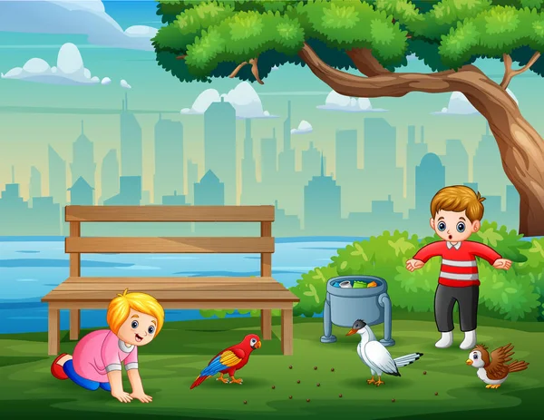 Karikatur Der Kinder Die Mit Vögeln Park Spielen — Stockvektor