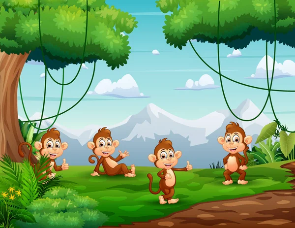 Desenhos Animados Ilustração Macacos Desfrutar Natureza —  Vetores de Stock