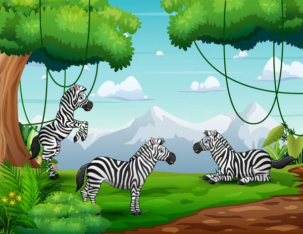 Cartoon Drie Van Zebra Spelen Natuur Landschap — Stockvector
