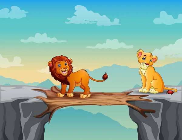 Karikatur Zweier Löwen Die Abwechselnd Eine Holzbrücke Über Eine Klippe — Stockvektor