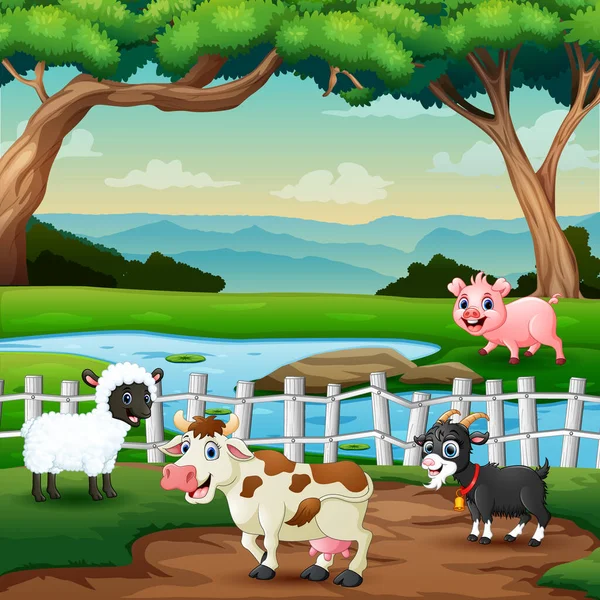 Animales Granja Dibujos Animados Jugando Granja — Vector de stock