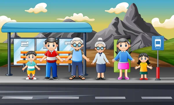 Membri Della Famiglia Dei Cartoni Animati Aspettano Trasporto Alla Stazione — Vettoriale Stock