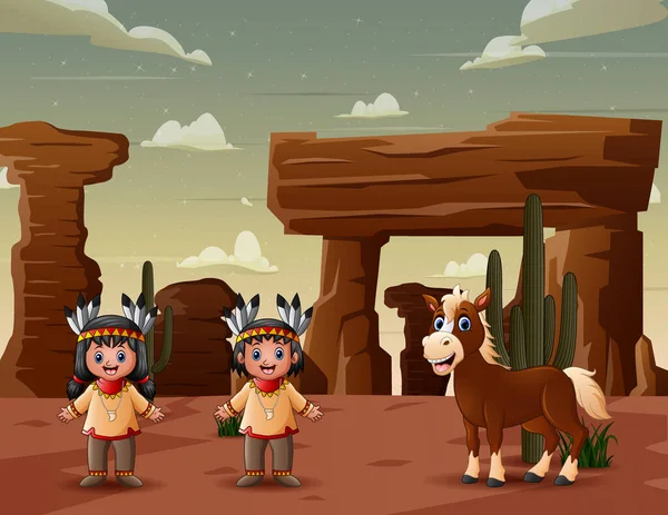 Crianças Indígenas Americanas Com Cavalo Deserto —  Vetores de Stock