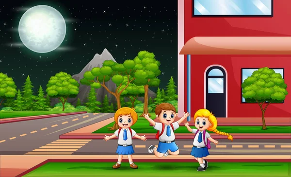 Niños Escuela Feliz Uniforme Fondo Carretera — Vector de stock