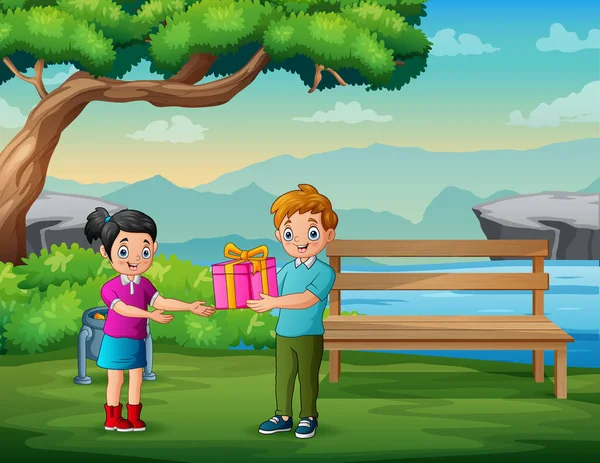 Cartoon Glücklich Junge Giving Ein Geschenk Für Seine Freundin — Stockvektor