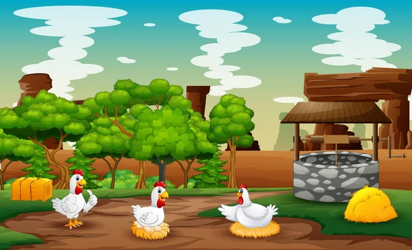 Escena Granja Con Gallina Incubando Sus Huevos Nido — Vector de stock