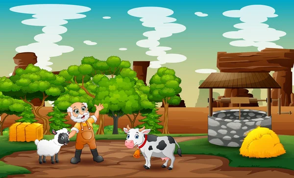 農場の動物と幸せな古い農家 — ストックベクタ