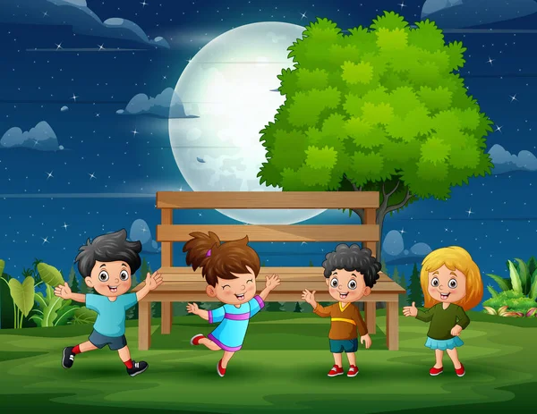 Enfants Drôles Jouant Dans Parc Nuit — Image vectorielle