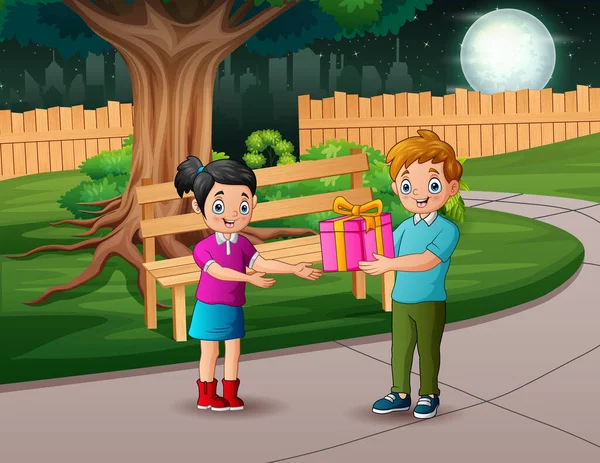 Cartoon Glücklich Junge Giving Ein Geschenk Für Seine Freundin — Stockvektor
