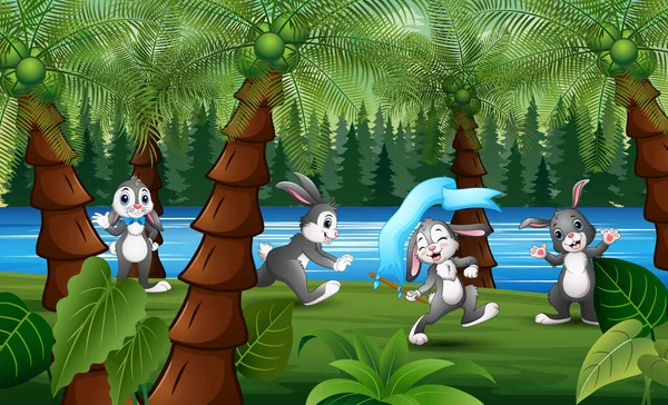 快乐的兔子卡通片在森林里播放 — 图库矢量图片