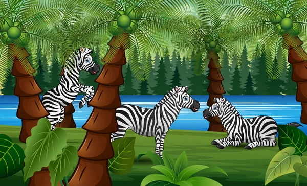 Palm Jungle Landschap Met Cartoon Zebra Genieten Van Natuur — Stockvector