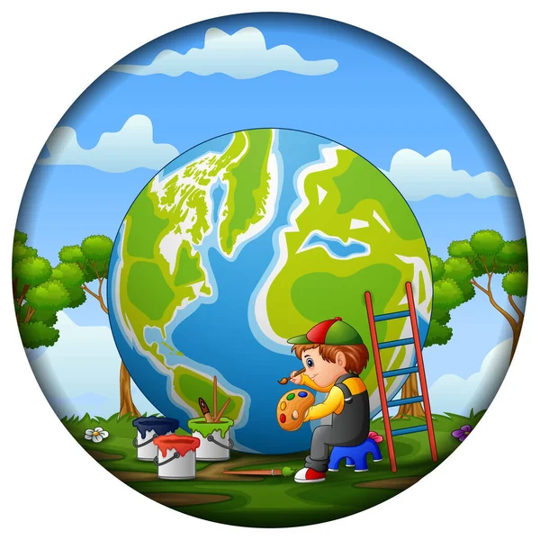 丸枠で世界を描く少年 — ストックベクタ