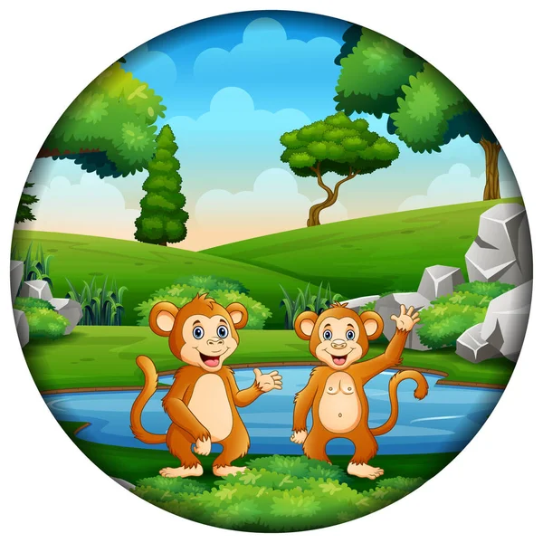 Roztomilé Opice Rybníka Kruhovém Rámu — Stockový vektor