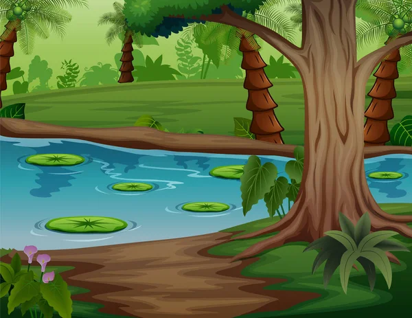 Illustration Der Seenlandschaft Mit Lotus Der Nähe Eines Palmenwaldes — Stockvektor
