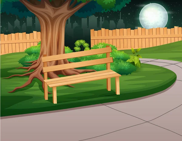 夜の風景で公園内の木製のベンチ — ストックベクタ