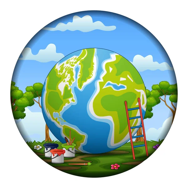 Cartoon Earth Stairs Paint Circular Frame — Stock Vector