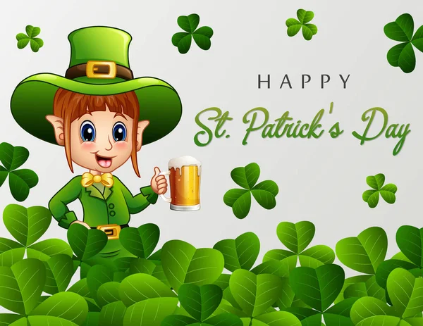 Fijne Patrick Day Begroeting Met Kabouter Met Een Glas Bier — Stockvector