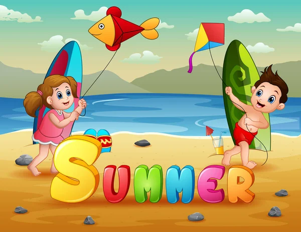 Summer Background Kids Playing Kite — Vetor de Stock