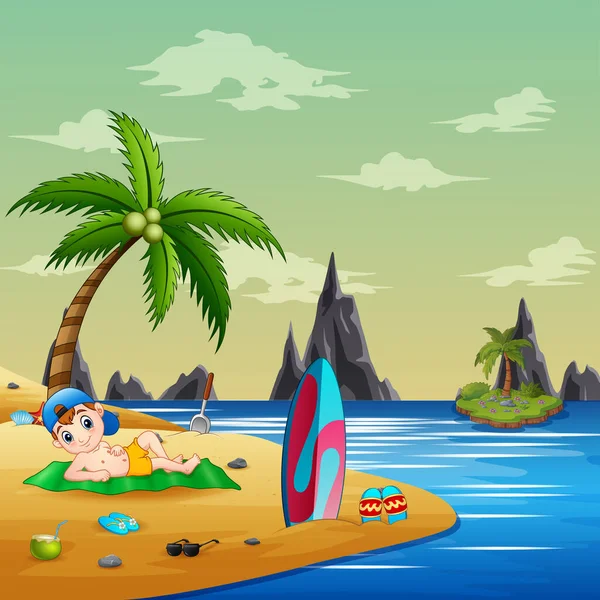 Cartoon Boy Lying Mat Enjoying Beach View — 스톡 벡터