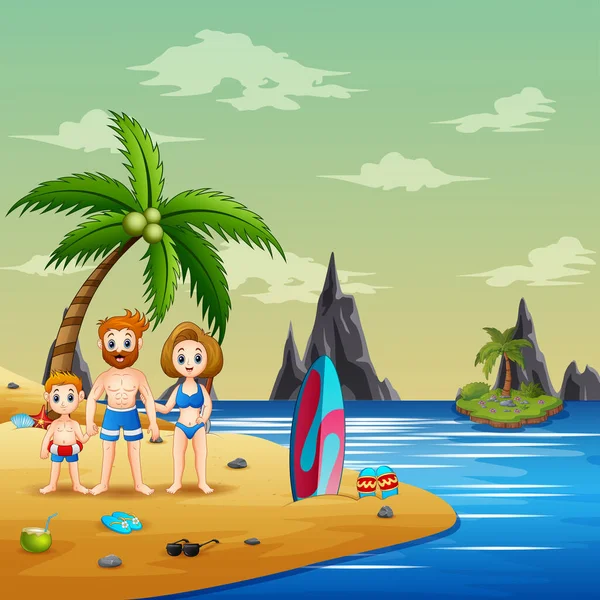 Happy Family Wearing Swimsuits Beach — Stockový vektor