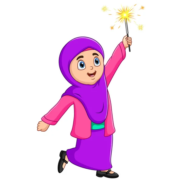 Illustration Happy Muslim Woman Playing Firework - Stok Vektor