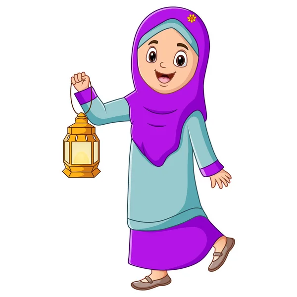 Happy Muslim Woman Holding Lantern Isolated White Background - Stok Vektor