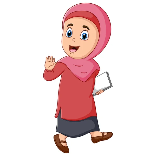 Cartoon Illustration Islamic Girl Holding Book — 스톡 벡터