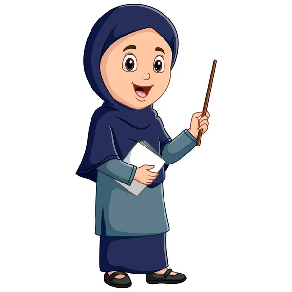 Muslim Female Teacher Hijab Holding Book Pointing - Stok Vektor