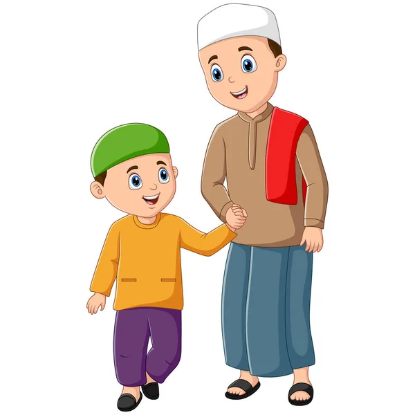 Cute Little Muslim Boy His Father Illustration — 스톡 벡터