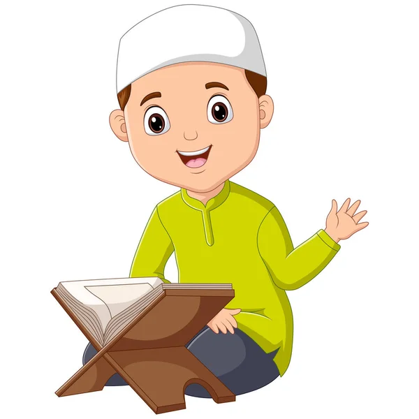Cartoon Illustration Muslim Boy Reading Quran — Archivo Imágenes Vectoriales