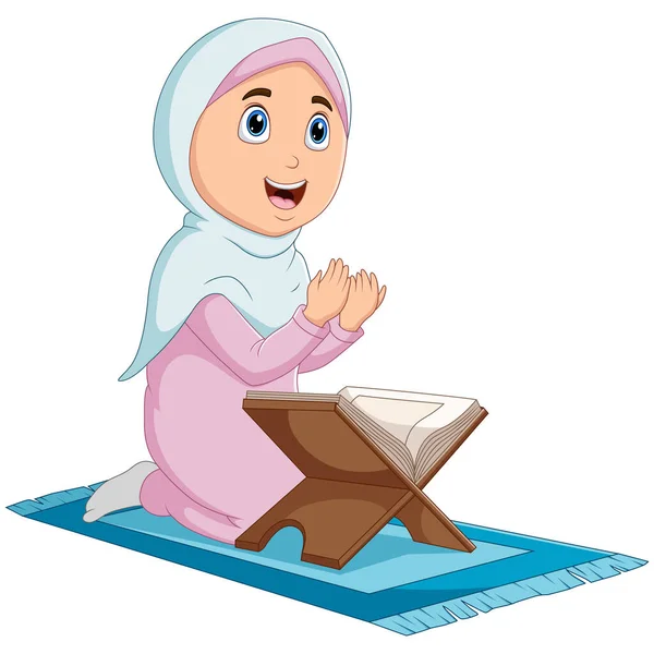 Cartoon Girl Praying Reading Holy Quran — Stock Vector