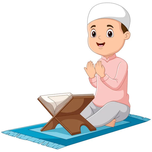 Cartoon Boy Praying Reading Holy Quran — Vector de stock