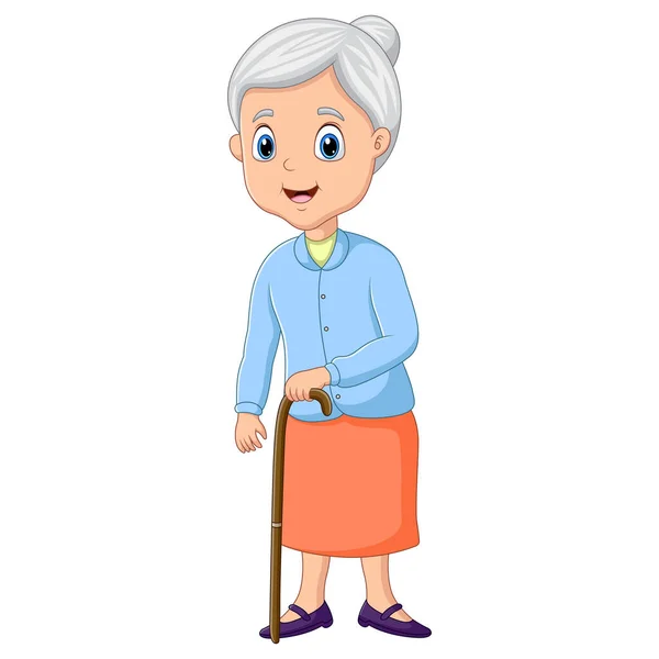 Cute Grandmother Cartoon Standing Bring Stick — Image vectorielle