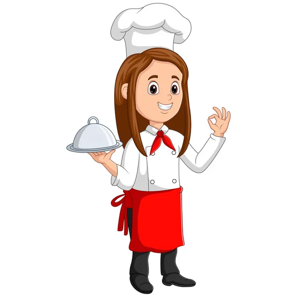 Cartoon Woman Chef Holding Silver Plate Giving Perfect Okay Delicious — Vetor de Stock