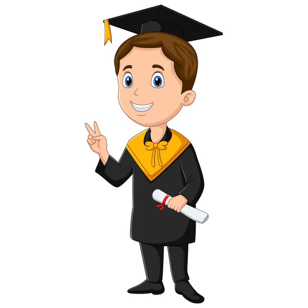 Cartoon Boy Black Gown Holding Diploma — Stock vektor