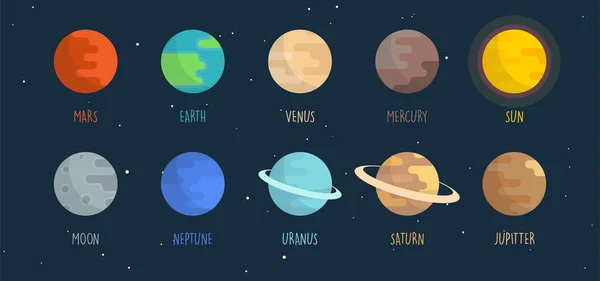 Rajzfilm Bolygók Set Naprendszer Tér Háttér Lapos Vektor Illusztráció — Stock Vector