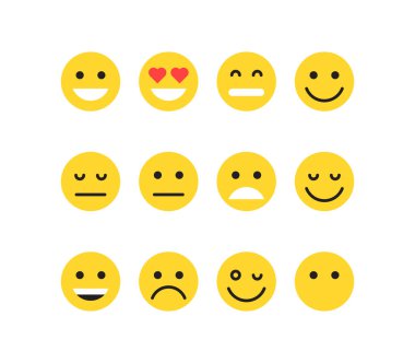 Basit duygular farklı yüzler ve sarı çizgi film emoji düz vektör çizimi.