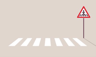 Şehir yolundaki trafik işaretleri ve yaya geçidi konsepti düz vektör illüstrasyonu.