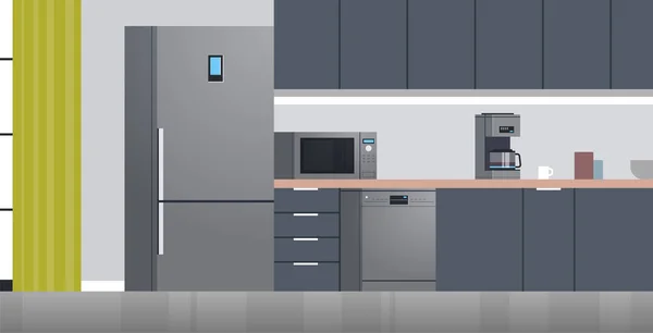 现代厨房内部没有人和家用电器概念平面设计图解 — 图库矢量图片