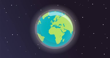 Uzay keşfi astronotluk teknolojisi ve Dünya çevresinde düz vektör çizimi.