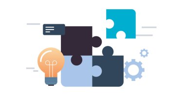 Problem çözme metaforları ve etkili takım çalışması, kariyer geliştirme, çözüm geliştirme, ortaklık, hedefler kavramı düz vektör illüstrasyonu.