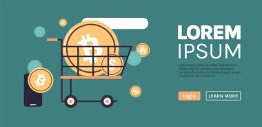 Vagon arabası ve kripto para madenciliği sanal para dijital para birimi düz vektör çizimi.