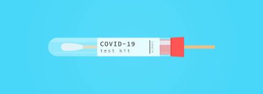 Aşı şişesi ve koronavirüs pandemik test düz vektör çizimi.