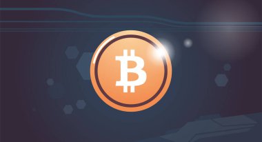 Bitcoin kripto para birimi konsepti ve sikke rozeti düz vektör çizimi.