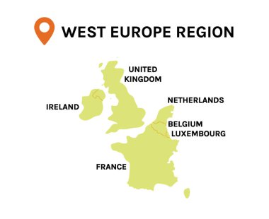 Batı Avrupa Bölgesi haritası ve ülke düz vektör illüstrasyonu.