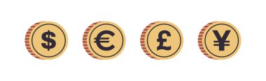 Uluslararası para birimi sikkeleri ve dolar, euro, pound, yen beyaz arka planda yatay tam uzunlukta düz vektör resimlemesi.