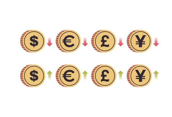 Monedas Moneda Internacional Dólar Euro Libra Yen Con Flechas Arriba — Archivo Imágenes Vectoriales