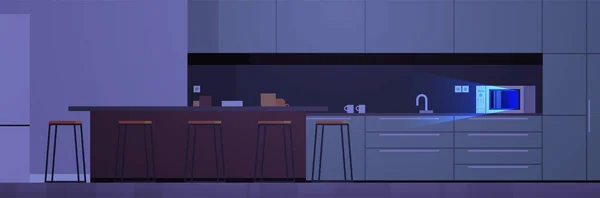 Modern Kitchen Interior People Home Appliances Dark Night Concept Flat — ストックベクタ